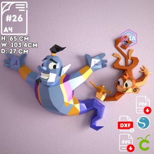 Puede incluir: Un modelo de papel de Genio y Abu de Aladdin, con dimensiones de 65 cm de alto, 103,4 cm de ancho y 27 cm de profundidad. El Genio es azul, con un atuendo morado y dorado. Abu es naranja y sostiene una lámpara dorada.