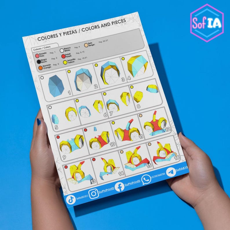 Puede incluir: Una gu&iacute;a de colores y piezas para un proyecto de papercraft. La gu&iacute;a muestra 16 pasos para ensamblar un modelo 3D. Los pasos est&aacute;n numerados y muestran las diferentes piezas de colores que deben ensamblarse. Los colores est&aacute;n etiquetados en espa&ntilde;ol e ingl&eacute;s. La gu&iacute;a incluye el texto "COLORES Y PIEZAS / COLORS AND PIECES".