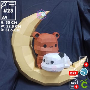 Casal de ursos na lua, ursos kawaii na lua, fofo, papercraft, PDF, SVG, Cricut, silhueta, DXF, STUDIO3, LowPoly, papel 3D, artesanato