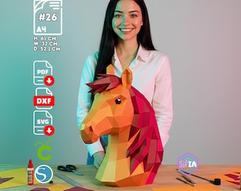 Horse Papercraft 3D Bust, Horse Head Wall Art, SVG DXF PDF Template, Cricut Silhouette, LowPoly Decorative, Paper Crafts