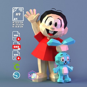 May include: A 3D papercraft figure of a cartoon boy in a red shirt, waving. The figure is 13.2 inches tall, 9.3 inches wide, and 6.6 inches deep. A blue bunny figure stands beside him. The image includes text and logos.