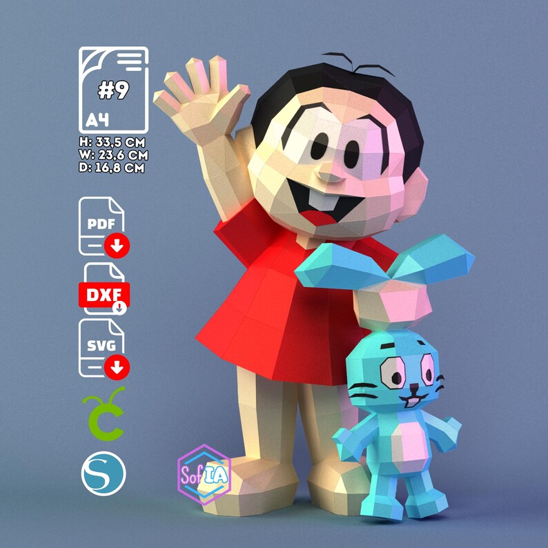 May include: A 3D papercraft figure of a cartoon boy in a red shirt, waving. The figure is 13.2 inches tall, 9.3 inches wide, and 6.6 inches deep. A blue bunny figure stands beside him. The image includes text and logos.