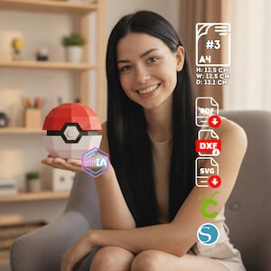 Pokeball, pokebola, dibujos animados, Art, Plantilla PDF SVG DXF, Cricut Silhouette, LowPoly Decorativo, Manualidades Papel