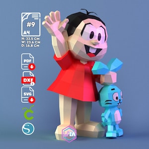 May include: A 3D papercraft figure of a cartoon girl in a red dress, waving. The figure is 13.2 inches tall, 9.3 inches wide, and 6.6 inches deep. A smaller blue figure is next to her. The image includes text and icons.
