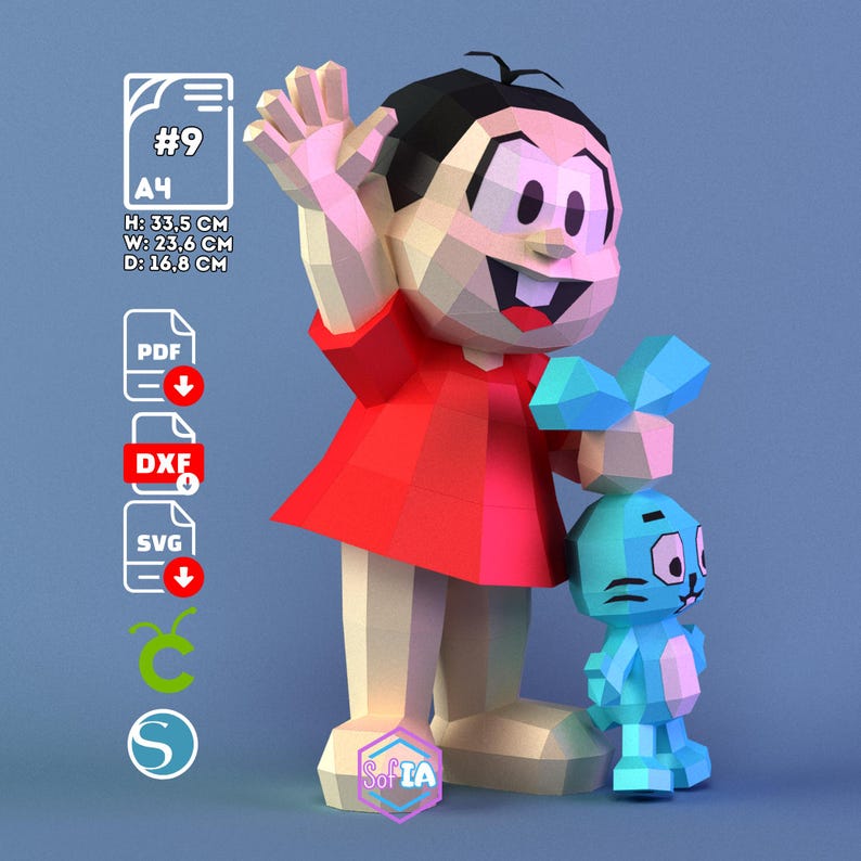May include: A 3D papercraft figure of a cartoon girl in a red dress, waving. The figure is 13.2 inches tall, 9.3 inches wide, and 6.6 inches deep. A smaller blue figure is next to her. The image includes text and icons.