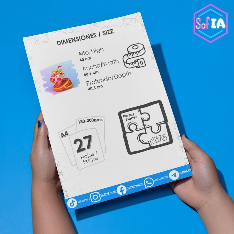 Puede incluir: Un papel tama&ntilde;o A4 con una figurita de drag&oacute;n chino rojo y dorado, una regla y una pieza de rompecabezas con el n&uacute;mero 176. El papel tambi&eacute;n incluye el texto "DIMENSIONES / SIZE", "Alto/High 40 cm", "Ancho/Width 40,6 cm", "Profundo/Depth 40,3 cm", "180-300gms", "27 Hojas / Pages", "Piezas / Pieces", y "Sof IA".