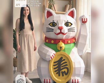 Giant Lucky Cat Papercraft — PDF SVG DXF Template — 3D Low Poly Maneki Neko — Cricut Silhouette — Asian Decor — Giant Lucky Cat