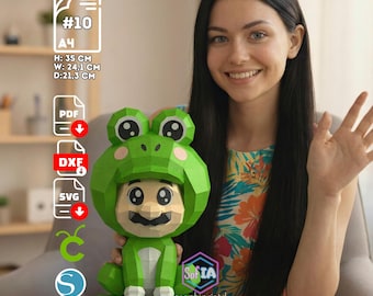 Mario Frog Suit Papercraft - PDF, DXF, SVG Template - Plumber in Frog Suit 3D Low Poly - DIY Gamer Figure and Retro Gift, Cricut