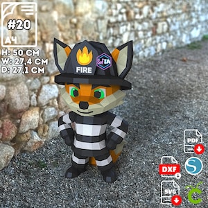 May include: A papercraft fox figure wearing a firefighter helmet with the word "FIRE" and a black and white striped outfit. The figure is 19.7 inches tall, 10.8 inches wide, and 10.7 inches deep. The image includes the text "#20" and "A4".