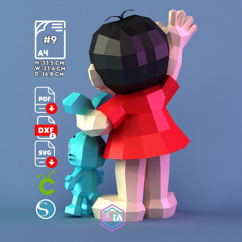 May include: A 3D papercraft model of a girl in a red dress and a blue creature. The girl is waving with her right hand. The model is 13.2 inches tall, 9.3 inches wide, and 6.6 inches deep. The image includes the text "#9" and "A4".