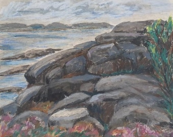 Original Skandinavische Gouache-Malerei 51 x 56 cm (Rahmen); Küstenlandschaft, signiert