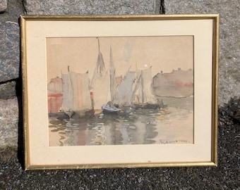 Original impressionistisches Aquarell 27 x 34 cm (Rahmen); Segelboote im Hafen - Undeutlich Signiert