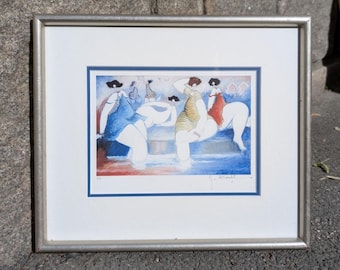 Litografía francesa de edición limitada original (E.A.) de 30 x 35 cm (con marco); Mujeres junto al agua, de Michel Boulet.