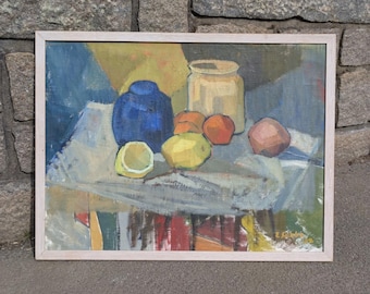 Original Mid Century europäische Ölmalerei 58 x 68 cm (Rahmen); Stillleben von Erica Cabbe