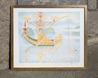 Litografía original de edición limitada de 48 x 56 cm (con marco); El pescador, de Mårten Andersson.