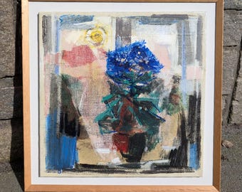 Origineel Scandinavisch olieverfschilderij uit het midden van de eeuw 56 x 56 cm (lijst); Gesigneerd abstract bloemenstilleven