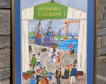 Litografía original de edición limitada 102 x 77 cm (marco); Puerto pesquero de Marika Lang