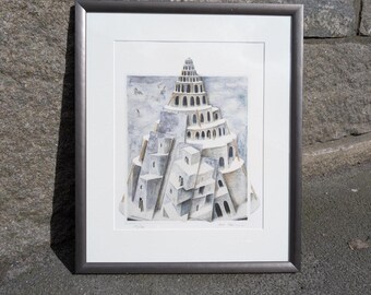 Litografía original de edición limitada de 53 x 44 cm (con marco); La Torre de Babel, de Stefan MÅS Persson.