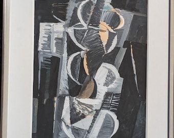 Original Mid Century Acrylgemälde 82 x 63 cm (Rahmen); Abstrakter Kubismus signiert/monogrammiert