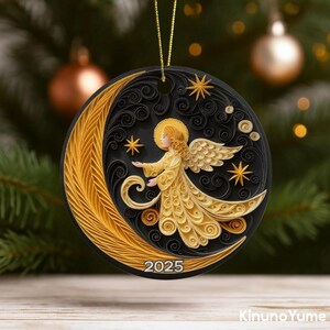 Angel with Moon Christmas Ornament 2025 – Custom 3D Effect Bauble Decoration, Unique Holiday Gift Idea, Special Ceramic Keepsake Present