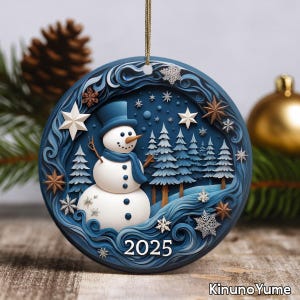 Vintage Snowman Christmas Ornament 2025 – Unique Round Ceramic Holiday Decoration, 3D Effect Xmas Tree Ornament, Seasonal Keepsake Gift Idea
