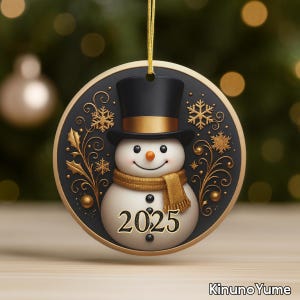 Golden Snowman Christmas Ornament 2025 – Ceramic Round Tree Decoration, 3D Effect Holiday Keepsake, Unique Dated Gift for Family and Friends