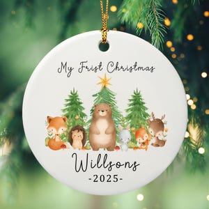 Custom Baby First Christmas Ornament, Woodland Animals Holiday Decoration, Personalized Baby Keepsake Ornament, Newborn Christmas Gift