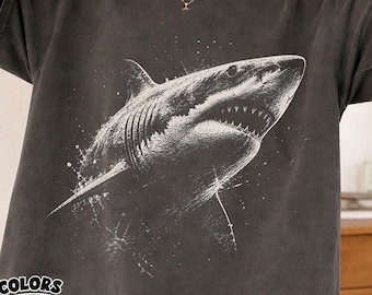Comfort Colors Shark Graphic T-shirt Black Boxy Beach Tee, Ocean Summer Shirt