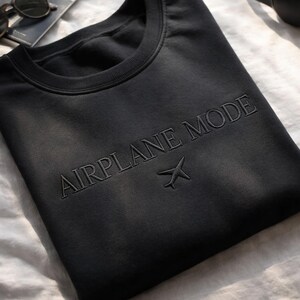 SP-HY-EB-1097 Embroidered Airplane Mode Sweatshirt, Minimal Travel Crewneck, Airport Outfit Top, Travel Lover Gift for Women image 1