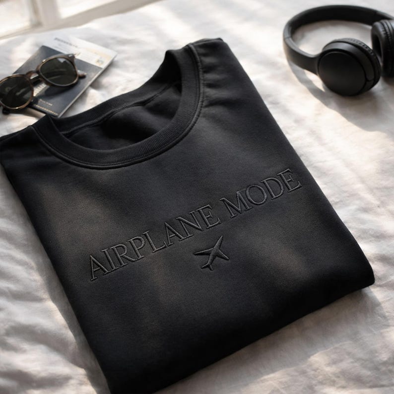 SP-HY-EB-1097 Embroidered Airplane Mode Sweatshirt, Minimal Travel Crewneck, Airport Outfit Top, Travel Lover Gift for Women image 1