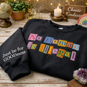 May include: Black sweatshirt with the embroidered text "No Human Is Illegal" in colorful block letters. The left sleeve has the embroidered text "Just be for GOODNESS" in white. The sweatshirt is displayed on a wooden surface.