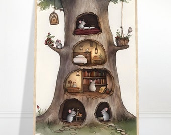 Lámina artística de una casa de ratón caprichosa: decoración para habitación infantil