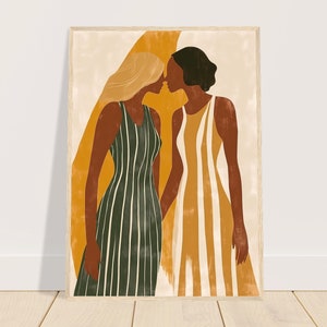 May include: Abstract art print featuring two figures in striped dresses, holding hands. One figure has blonde hair and wears a green and white striped dress, while the other has dark hair and wears a yellow and white striped dress. The background has a yellow and beige color scheme.