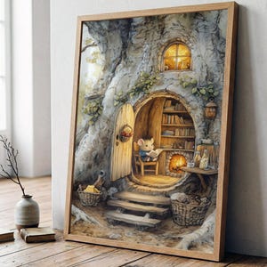 May include: A framed wall art print depicting a cozy tree hollow home. Inside, a small mouse sits on a wooden chair reading a book near a glowing fireplace. The scene includes shelves filled with books, a small arched window, and woven baskets.