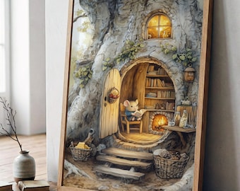 May include: A framed wall art print depicting a cozy tree hollow home. Inside, a small mouse sits on a wooden chair reading a book near a glowing fireplace. The scene includes shelves filled with books, a small arched window, and woven baskets.