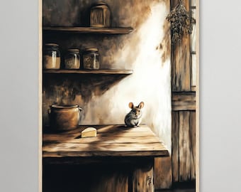 May include: A painting of a small mouse sitting on a wooden table in a rustic kitchen. The mouse is looking directly at the viewer. There is a wedge of cheese on the table in front of the mouse. The kitchen has wooden shelves with jars and a large pot on the table.