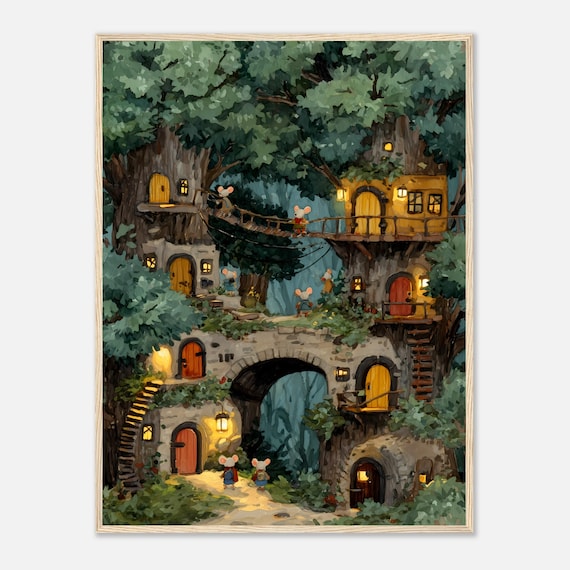 Whimsical Mouse Treehouse Art Print, Cozy Woodland Nursery Wall Art, Storybook Forest Illustration
