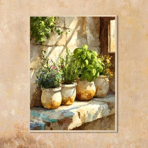 May include: A framed print showing potted herbs and flowers. The artwork features four ceramic pots with different green and flowering plants. The pots are on a stone ledge against a textured wall, with sunlight creating shadows.