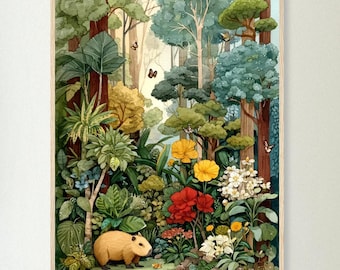Könnte beinhalten: Ein gerahmter Aquarelldruck einer üppigen Waldszene. Das Kunstwerk zeigt ein Capybara in einer lebendigen Dschungelumgebung mit bunten Blumen, Schmetterlingen und hohen Bäumen. Die Farbpalette umfasst Grün-, Gelb-, Rot- und Brauntöne und erzeugt eine detaillierte Illustration.