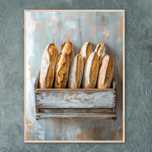 Stampa artistica rustica di baguette francese – Decorazione da parete per cucina da panetteria vintage, poster di pane da fattoria, opera d'arte di un accogliente bar