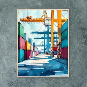 Może przedstawiać: Akwarela przedstawiająca tętniący życiem port z dużymi żółtymi dźwigami i rzędami kolorowych kontenerów. Dźwigi podnoszą kontenery i przemieszczają je po porcie. Obraz został namalowany w realistycznym stylu i ukazuje gwar i ruchliwość zatłoczonego portu.