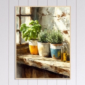 Italian Herb Pots Kitchen Wall Art Rustic Farmhouse Painting Mediterranean Cooking Decor