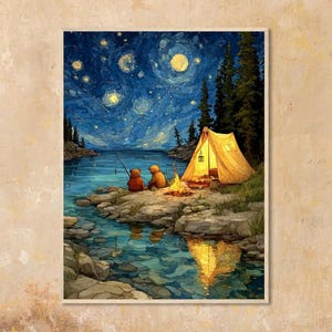 May include: A framed wall art print depicting two bears sitting by a campfire and a yellow tent on a rocky lakeshore at night. The scene features a dark blue, swirling starry sky, tall pine trees, and a reflection of the light on the water.