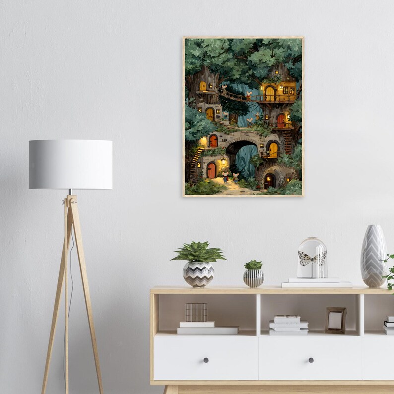 Whimsical Mouse Treehouse Art Print, Cozy Woodland Nursery Wall Art, Storybook Forest Illustration image 8