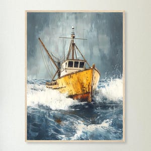 May include: A yellow fishing boat with white accents sails through choppy blue water. The boat is weathered and has a worn look. The sky is a stormy gray.