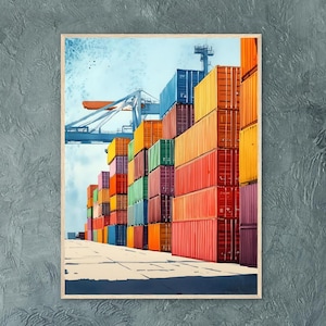 Könnte beinhalten: Ein farbenfroher Kunstdruck mit einem Stapel von Seecontainern in verschiedenen Farben, darunter Rot, Orange, Gelb, Grün und Blau. Im Hintergrund ist ein großer Kran vor blauem Himmel zu sehen.