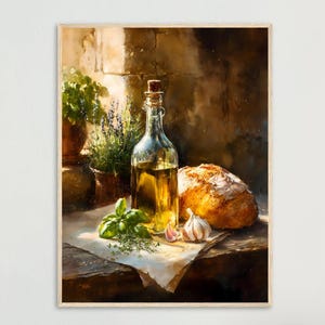 Könnte beinhalten: Gerahmtes Stillleben-Gemälde mit einer Glasflasche Olivenöl, einem Brotlaib, Knoblauch und frischen Kräutern. Das Gemälde hat eine warme Farbpalette mit einem rustikalen, italienischen Thema.