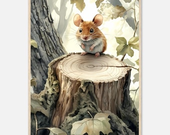 Whimsical Woodland Nursery Art: Watercolor Mouse on Tree Stump Print for Baby Room Decor