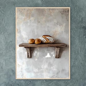 Natura morta di pane rustico – Stampa artistica da parete per cucina in stile fattoria d'epoca