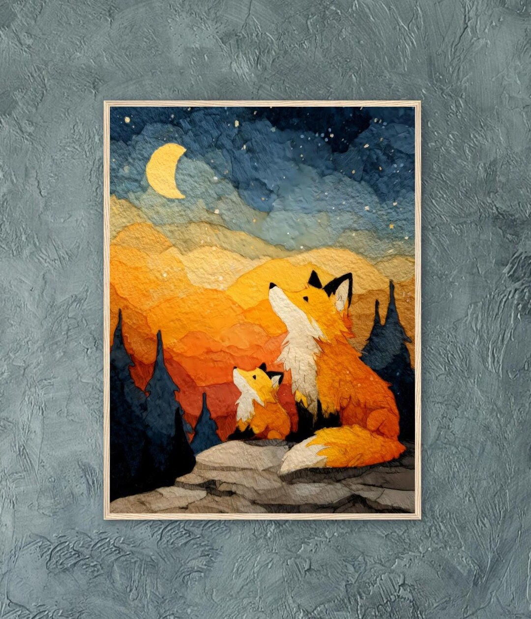 Whimsical Fox Night Art Print: Storybook Nursery Wall Art, Starry Sky ...